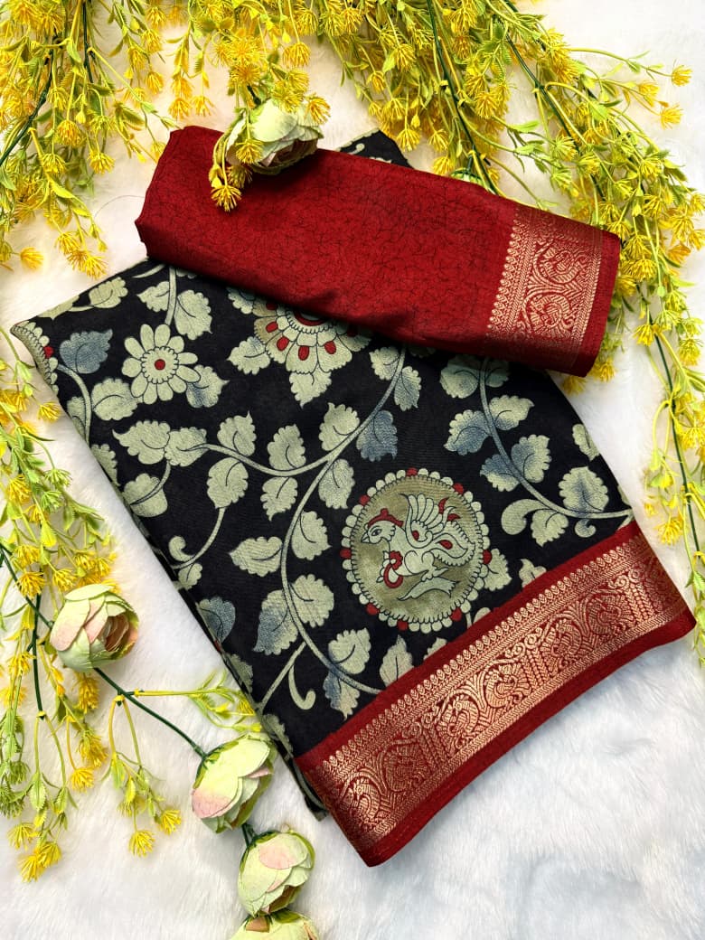 FABLOUS SILK WITH PEN KALAMKARI PREMIUIM COTTON SAREE