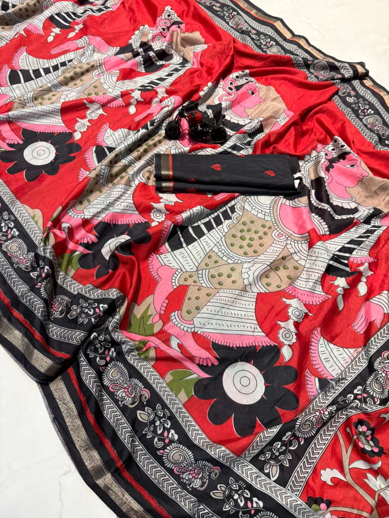 KALAMKARI RED  WALE PREMIUM MUL-COTTON  SAREE