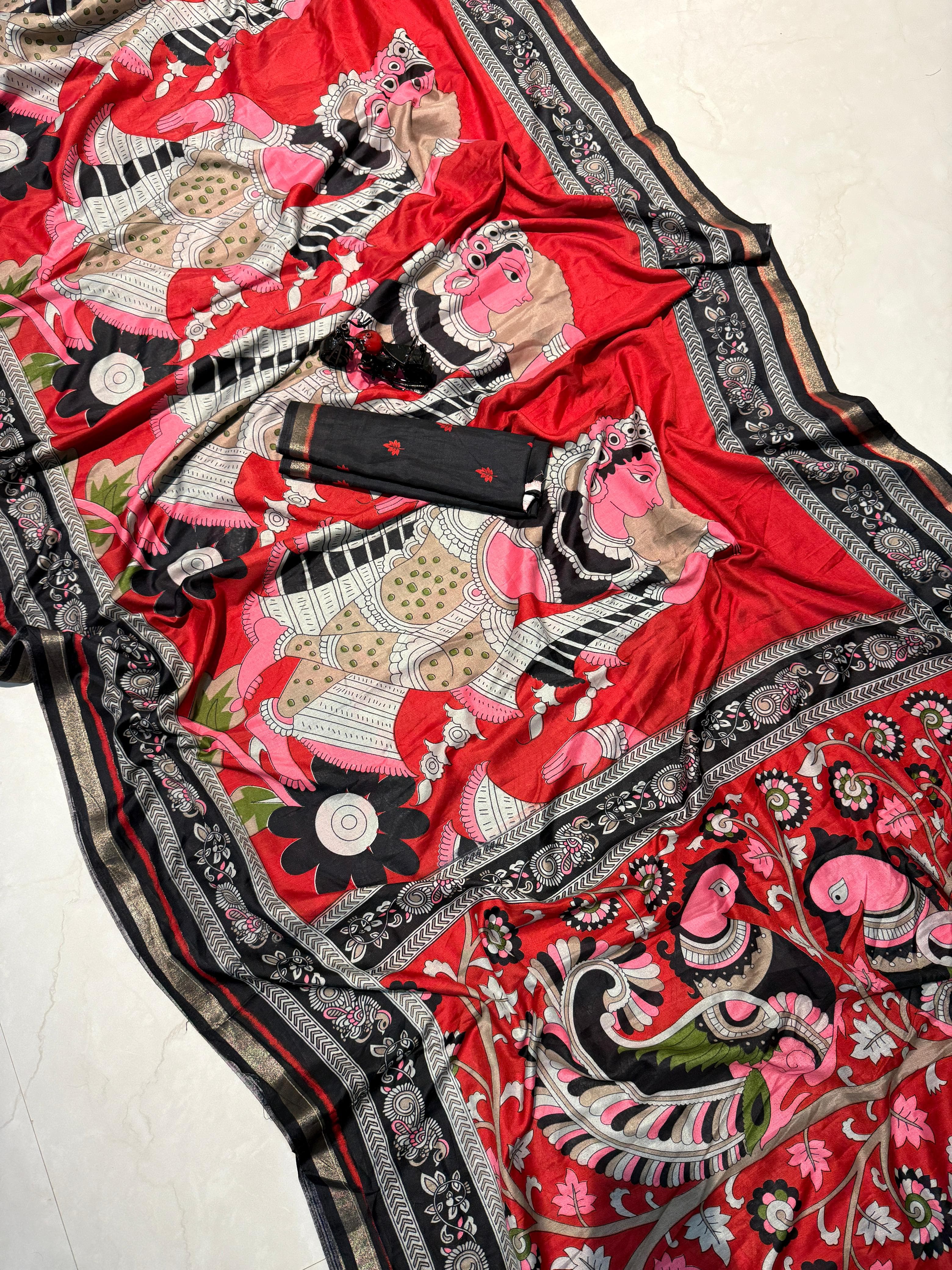 KALAMKARI RED  WALE PREMIUM MUL-COTTON  SAREE