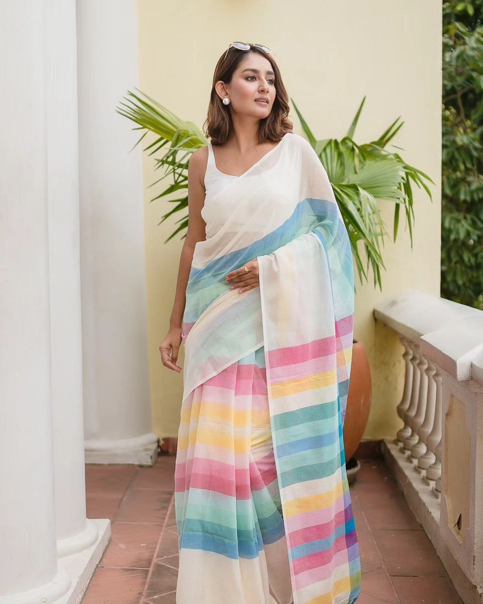 CRYSTAL RAINBOW WALE PREMIUM LINEN COTTON SAREE
